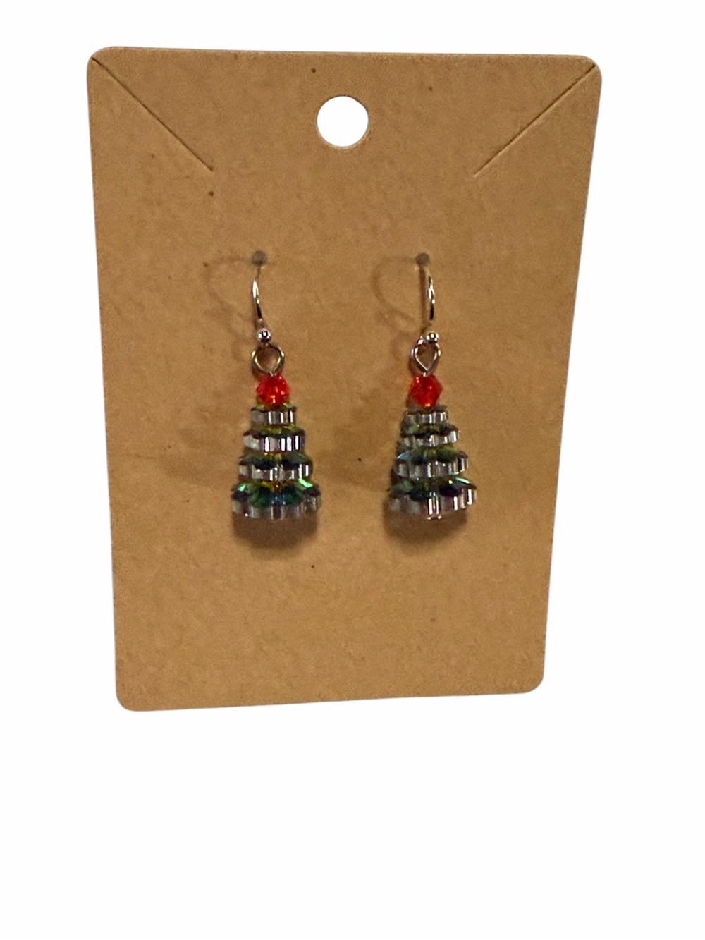 Green Beaded Holiday Tree Drop Earrings